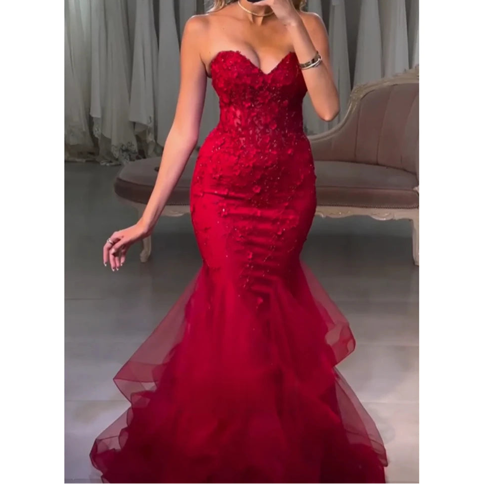 Red Mermaid Sweetheart Neck Flower Appliques Prom Dress Sleeveless Vestidos De Noche Floor-Length Formal Gown