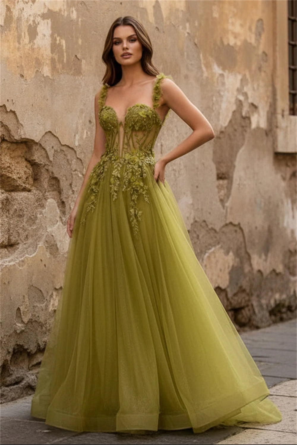 Green Appliques A-Line 3D Flower Prom Dress Spaghetti Strap Vestidos De Noche Floor-Length Formal Evening 2025