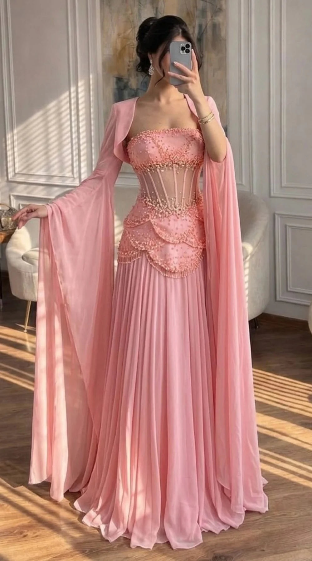 Blush Pink Prom Dresses Floor Length Strapless vestidos de noche Sheer Corset Cape Sleeves Formal Evening 2026