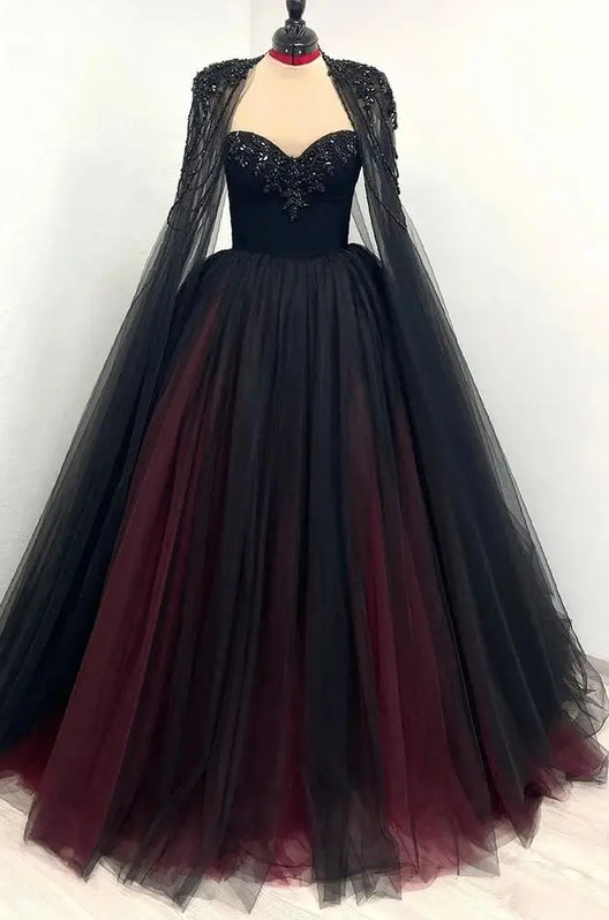 Black WIth Red Wedding Dress Sequins Cape Sleeve Ball Gown Vestidos De Novia Customized A-line Prom Dresses