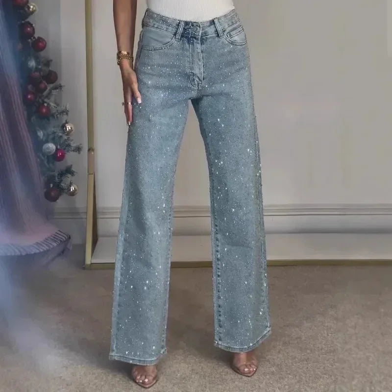 2025 Women Jeans Straight Diamonds Pants Stretch High Waist Washed Mom Jeans Streetwear Trousers Vintage Denims Streetwear