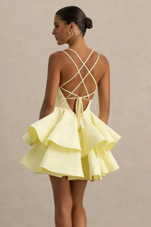2026 Sexy Backless Mini Women Summer Dresses A Line Yellow Short Cocktail Party Dress Draped Prom Gown Tiered