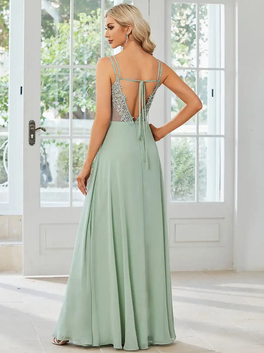 Elegant Evening Dress V Back Backless Floor-Length Ever Pretty of Chiffon Wrinkle Mint Green Bridesmaid Dress