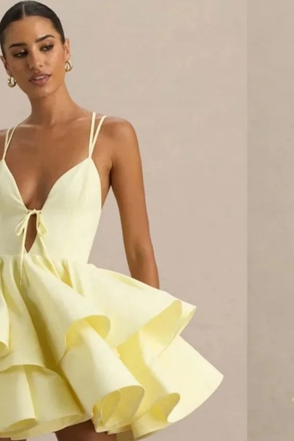 Sexy Backless Mini Women Summer Dresses A Line Yellow Short Cocktail Party Dress Draped Prom Gown Tiered 2026