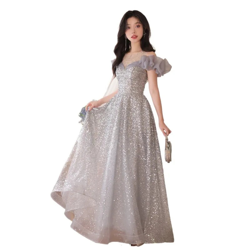 2026 Spring/Summer New Women's Sexy Glitter One Shoulder Banquet Evening Dress Fashionable Look Thin Long Back Strap Dress