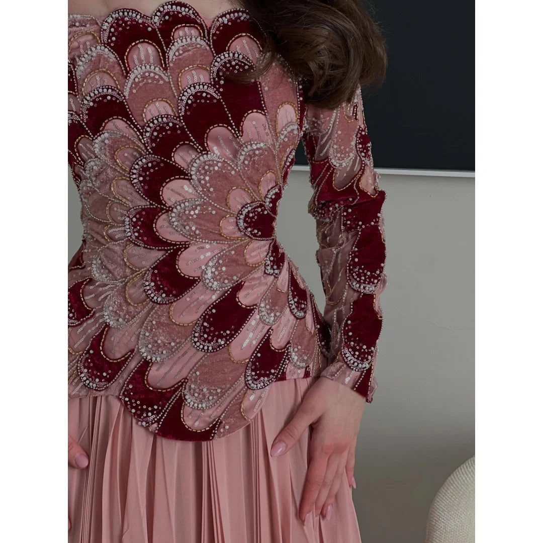 Blush Pink Off Shoulder Mesh Prom Dress Long Sleeve vestidos de noche Beaded Floral Embroidery Evening Dresses
