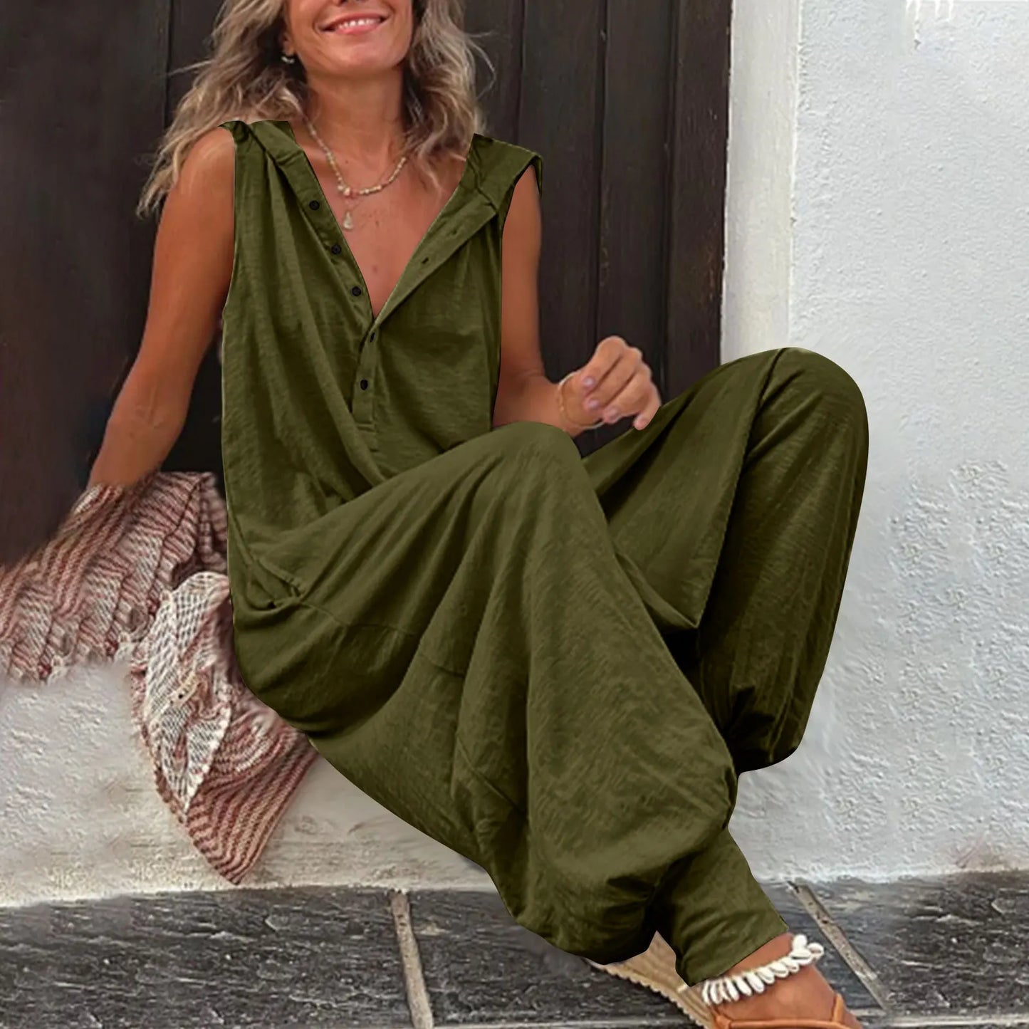 Hot Sale Women Solid Hooded Jumpsuit Button Sleeveless Loose Baggy Long Pants Romper