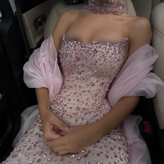 Pink Strapless Diamond Beaded Evening Dress Detachable Sleeve Formal Party Long Gown 2026