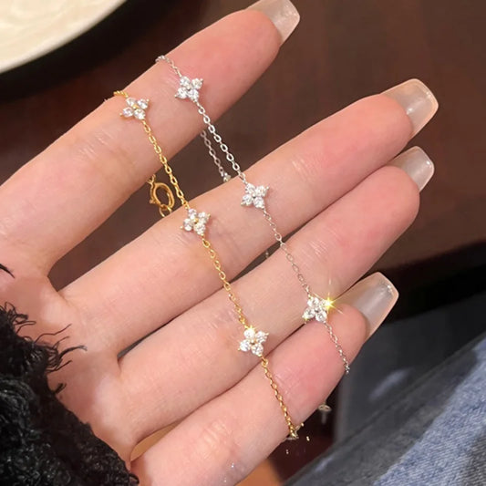 Silver Plated Cz Four-leaf Flower Bracelet for Women Girl Cute Dainty Adjustable Link Chain Bracelet Trend 18k Gold