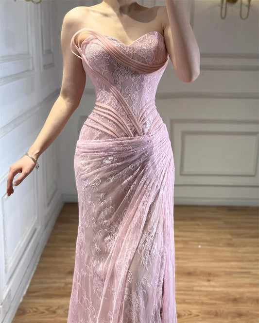 Pink Lace Evening Dress Prom Strapless Sweetheart Neck Dresses Corset Vestidos De Noche High Slit Formal Evening