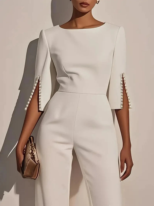 Women's Jumpsuit Casual Solid Color Length Sleeve Straight Round Neck Beaded High Waist Daily Going out Regular Fit Black Wh