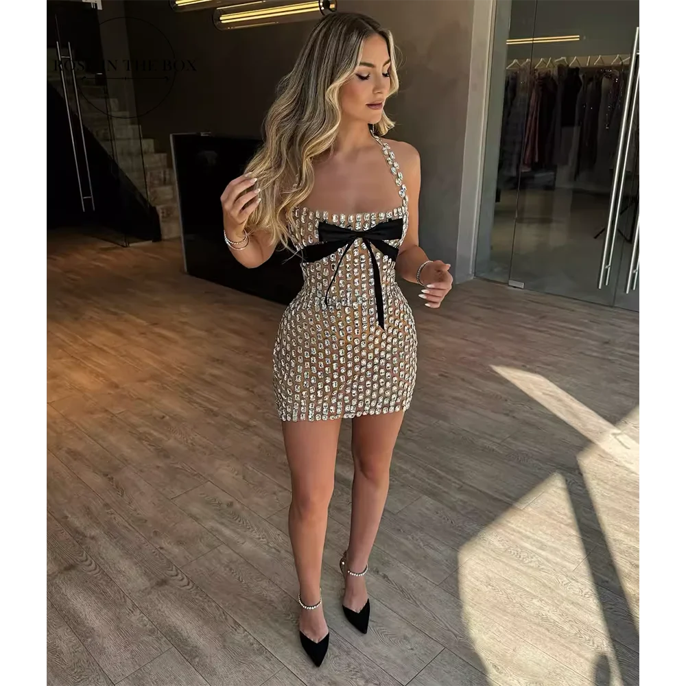 Crystal Short Dresses Halter Corset Birthday Dress 2026 Sexy Mini Luxury Beaded Party Gown with Bow