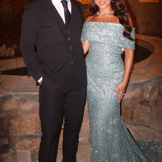 Sexy Off Shoulder Sequins Evening Dresses Elegant Backless Celebrity Dress Exquisite High Quality Prom Party Gowns