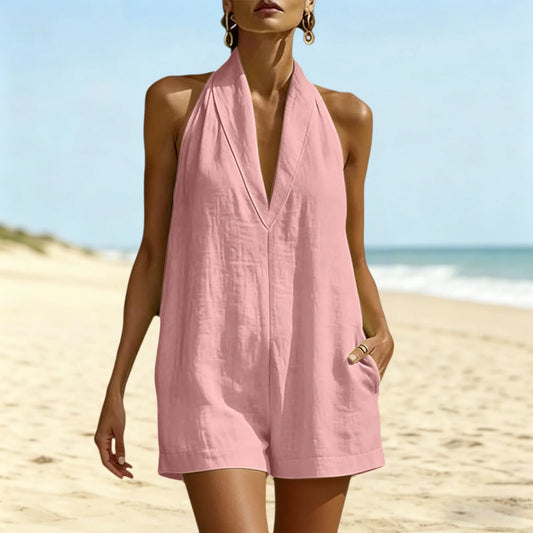 Holiday Style Solid Color V-neck Jumpsuit Shorts Women's Loose Sleeveless Slimming Wide Leg Casual Jumpsuit