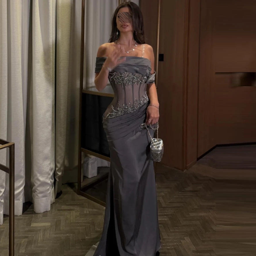 Sexy Mermaid Evening Dress Charming Off the Shoulder Sweep Train Cocktail Dresses Delicate Ruched Satin Party