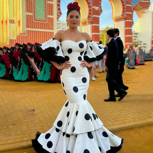 Evening Dress Long Sleeves Polka Dot Skirt 2026 Spanish Prom Dance Dresses Special Occasion Party Gowns
