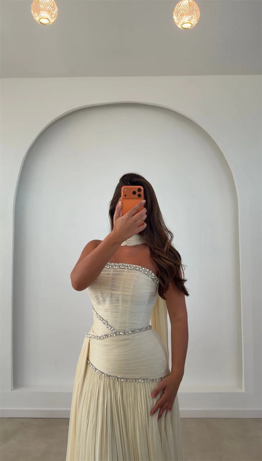 Dress Crystal Chiffon Prom Dresses Pleated Vestidos De Noche Elegant Formal Evening