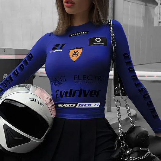 Women's Summer American Street Trendy Motorcycle Style Letter Printed Top Women's Round Neck Hoodie Slimming Fashion Tops