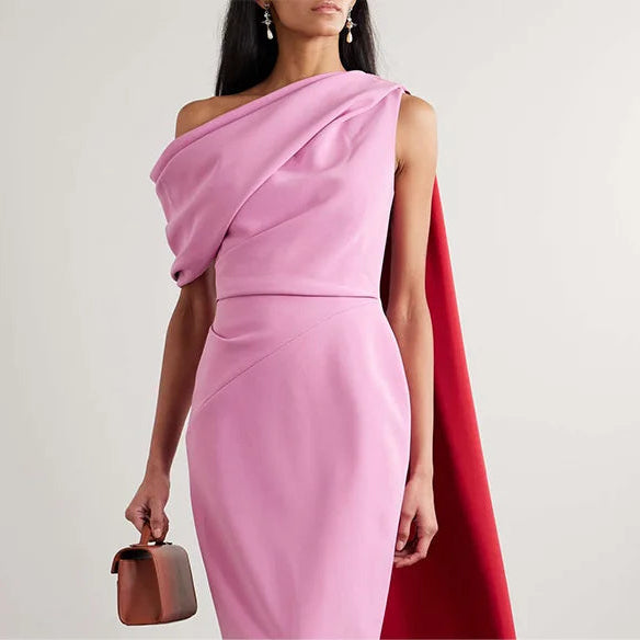 Women One Shoulder Column Midi Cocktail Gowns Tea Length Draped Sheath Formal Party Dress