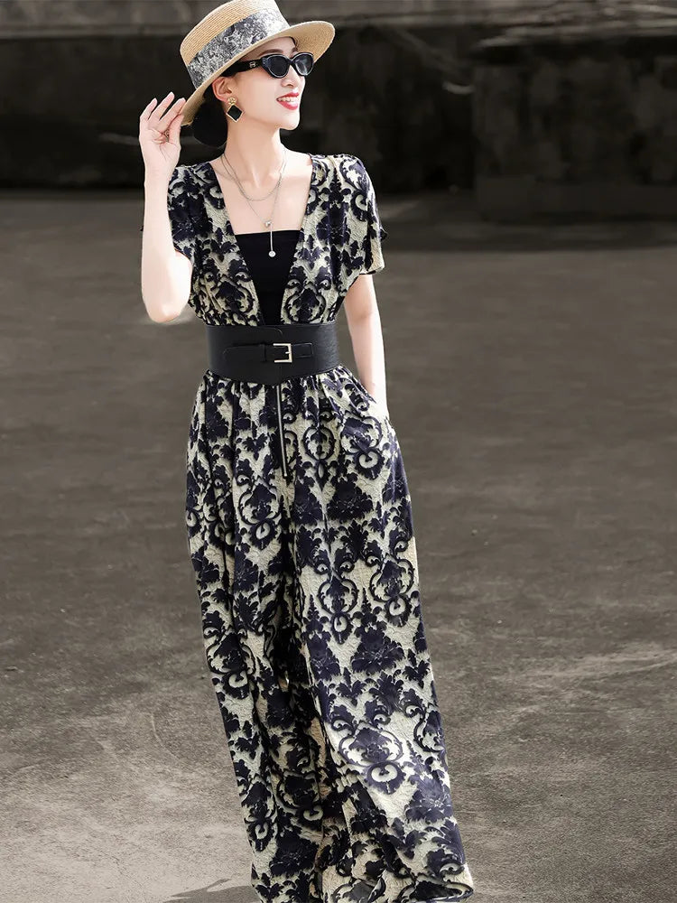 2026 New Summer Commuter V Neck Puff Short Sleeve Wide Buckle Belt High Waist Ink Print Flowy Wide Leg Jumpsuit