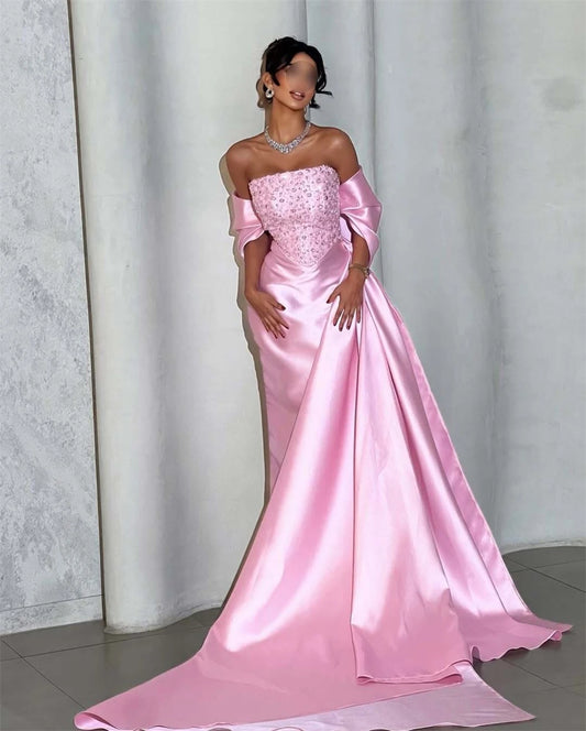 evening dress formal gown strapless satin column maxi beaded corset bodice draped train shawl romantic chic