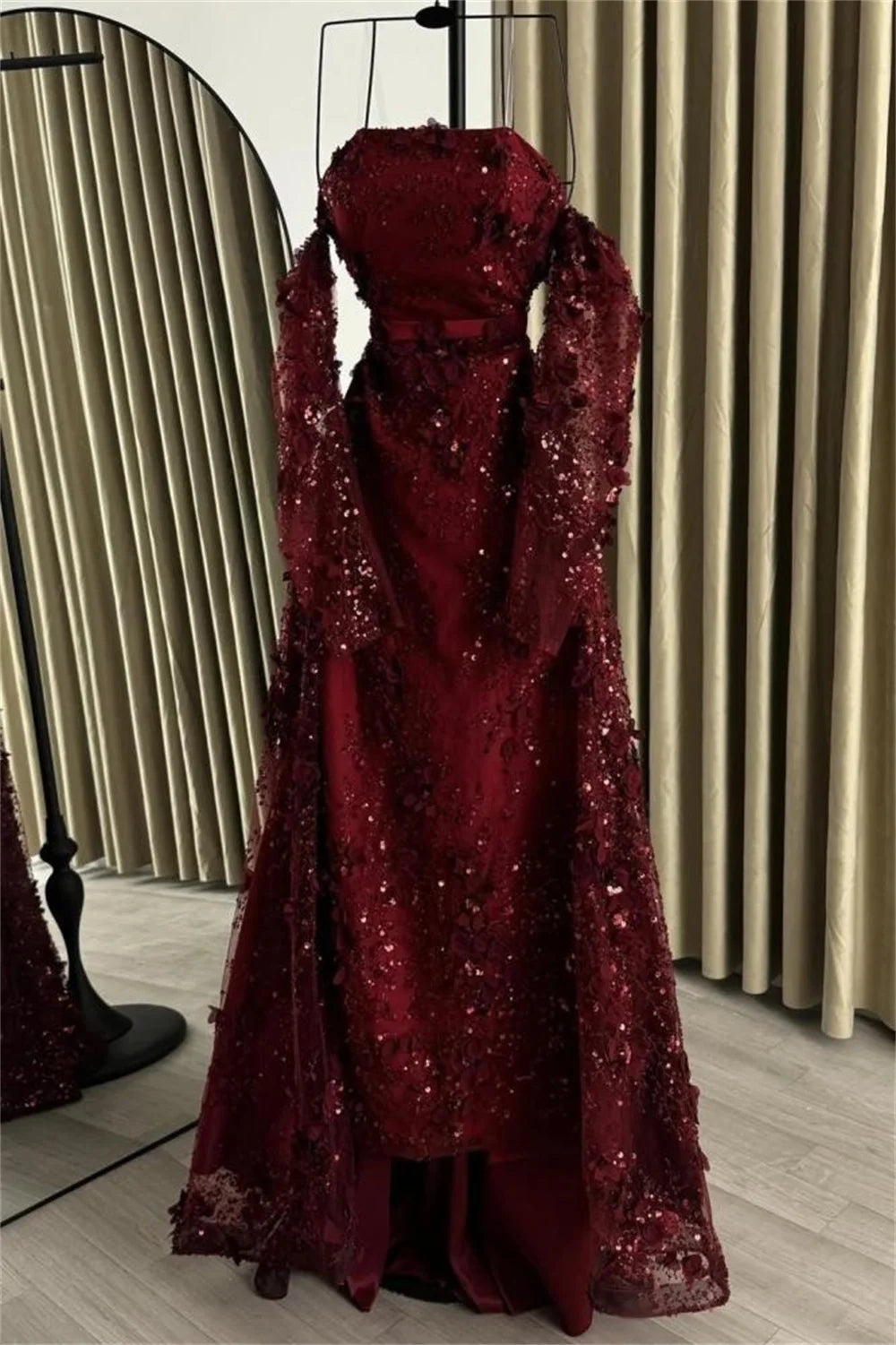 Burgundy 3D Floral Evening Dress Sequin Waistband Prom Dresses Elegant Vestidos De Noche MeshFormal Evening