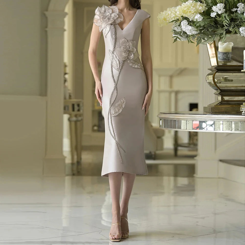 Women's A-line Cocktail Dresses Tea-length V-neck Sleeveless Exquisite Sequined Flowers