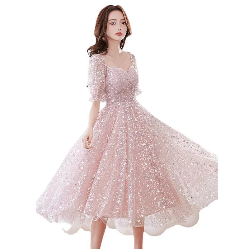 Pink Evening Prom Dresses for Women Sparkling Lantern Sleeve Summer Sexy Middle Party Birthday Ball Gown Dress Formal Vestidos
