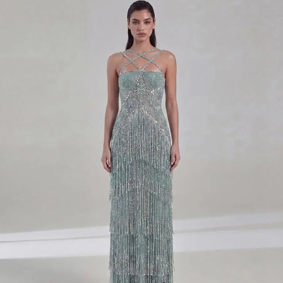 Sage Green Art Deco Beaded Evening Gown Criss Cross Straps Tiered Sequin Fringe Luxury Formal Dress For Prom Red Carpet Birthday