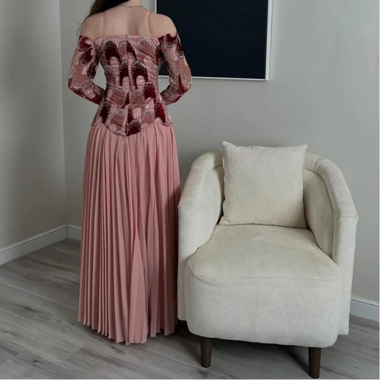 Blush Pink Off Shoulder Mesh Prom Dress Long Sleeve vestidos de noche Beaded Floral Embroidery Evening Dresses