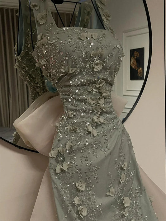 Beaded Square Neck Sleeveless Prom Dress Long A Line Formal Evening Gown Floral Appliques Bow Back Design