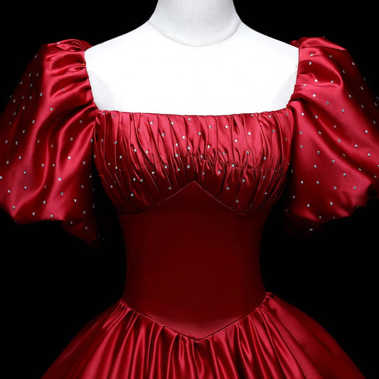 Red Satin Evening Prom Dresses for Women Summer Elegant Sexy Puff Sleeve Long Formal Party Ball Gown Dress Show Host Vestidos