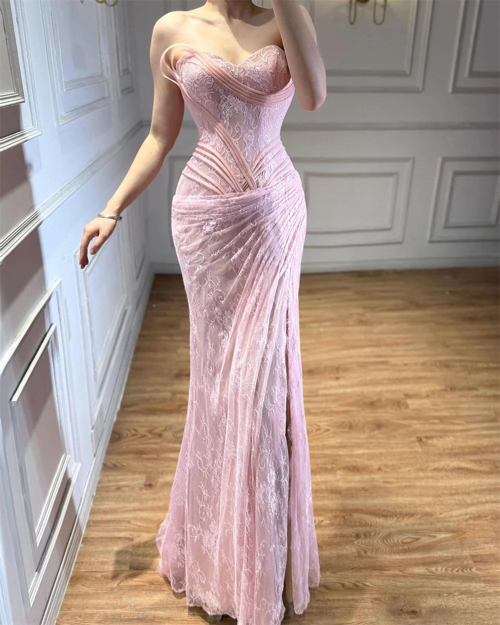 Pink Lace Evening Dress Prom Strapless Sweetheart Neck Dresses Corset Vestidos De Noche High Slit Formal Evening