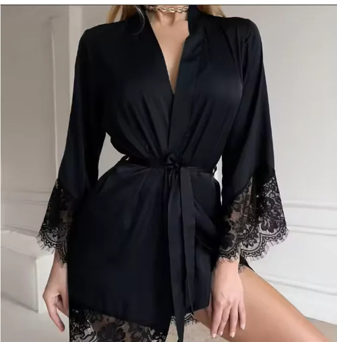 Women's Sexy Night Gown Robe V-Neck Satin Lace Bathrobe Half Sleeve Nightdress Female French Sexy Silky Satin Sleepwear