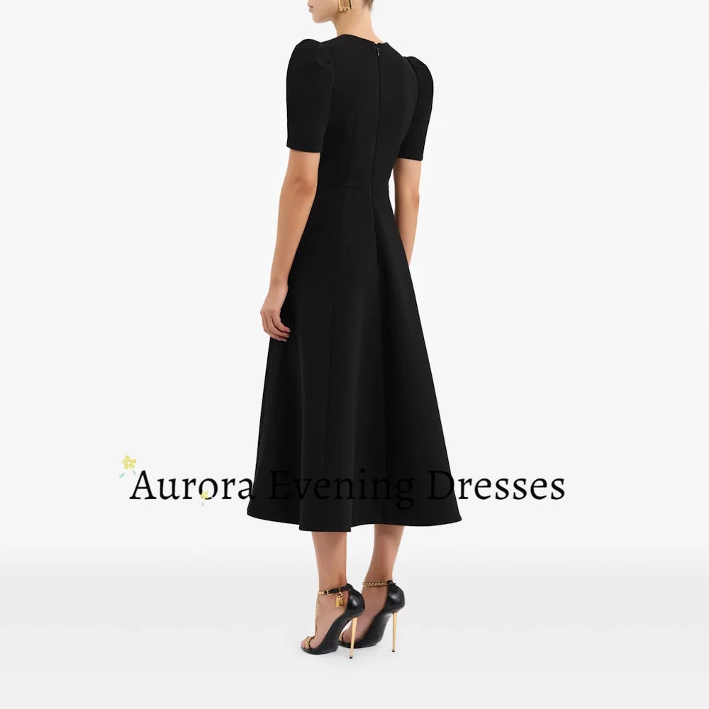 Luxury Black Crepe Midi Dress Gold Rhinestone Cutout Neck Puff Sleeve Formal Women Wedding Banquet Evening Party Gown