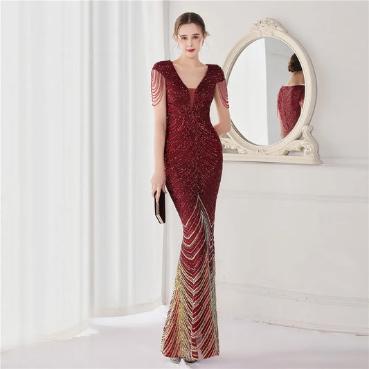 Elegant V Neck Mermaid Evening Dress Long Luxury Beads Women Evening Party Dresses 2025