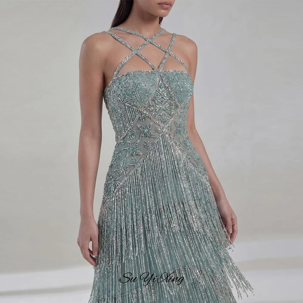 Elegant Strapless Sleeveless Evening Dress Customized Delicate Tiered Tassel Vestido De Noche Sparkly Beading Party Dresses