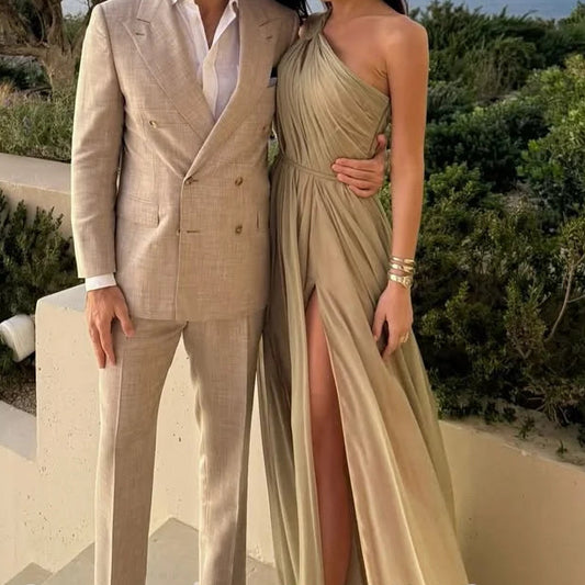 One Shoulder A Line Prom Gowns Backless Pleated Party Gown Side Slit Floor Length Evening Dress Customized