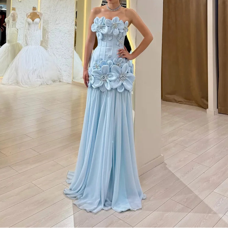 Sky Blue Flower Sleeveless Fishtail Elegant Night Dresses for Luxury Party Evening Dresses for a Wedding