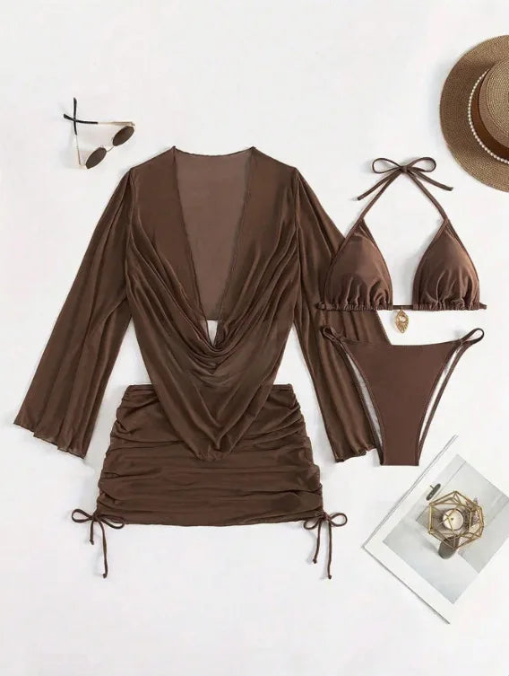 Sexy Solid Color Bikini Set With Sheer Cover-Up, Suitable For Vacation, Beach Party, Perfect For New Year And Valentine's