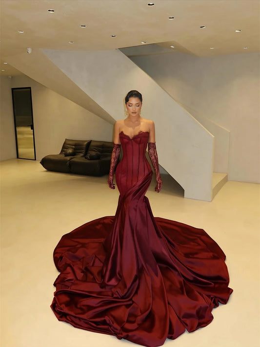 Burgundy Gorgeous Mermaid Asymmetric Prom Dress Lace Sleeves vestidos de noiva Royal Train Evening Dresses 2025
