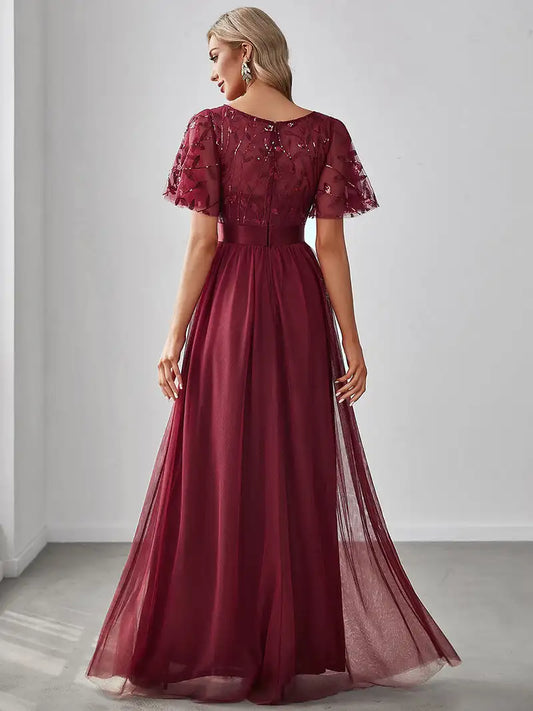 Print Maxi Long with Cap Sleeve Ever Pretty of Burgundy Gauze Prom Dresses Of Women