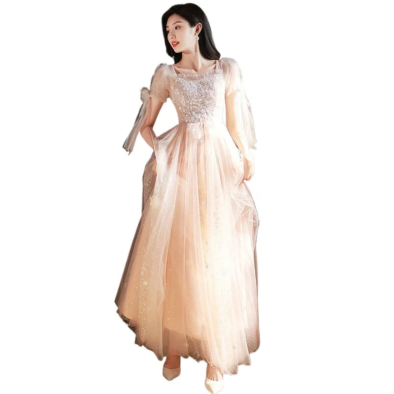 Stunning Mesh Evening Gown with Champagne Color Temperament, One Shoulder Fairy Style Long Banquet Gown, Sheer Dress Looks Slim