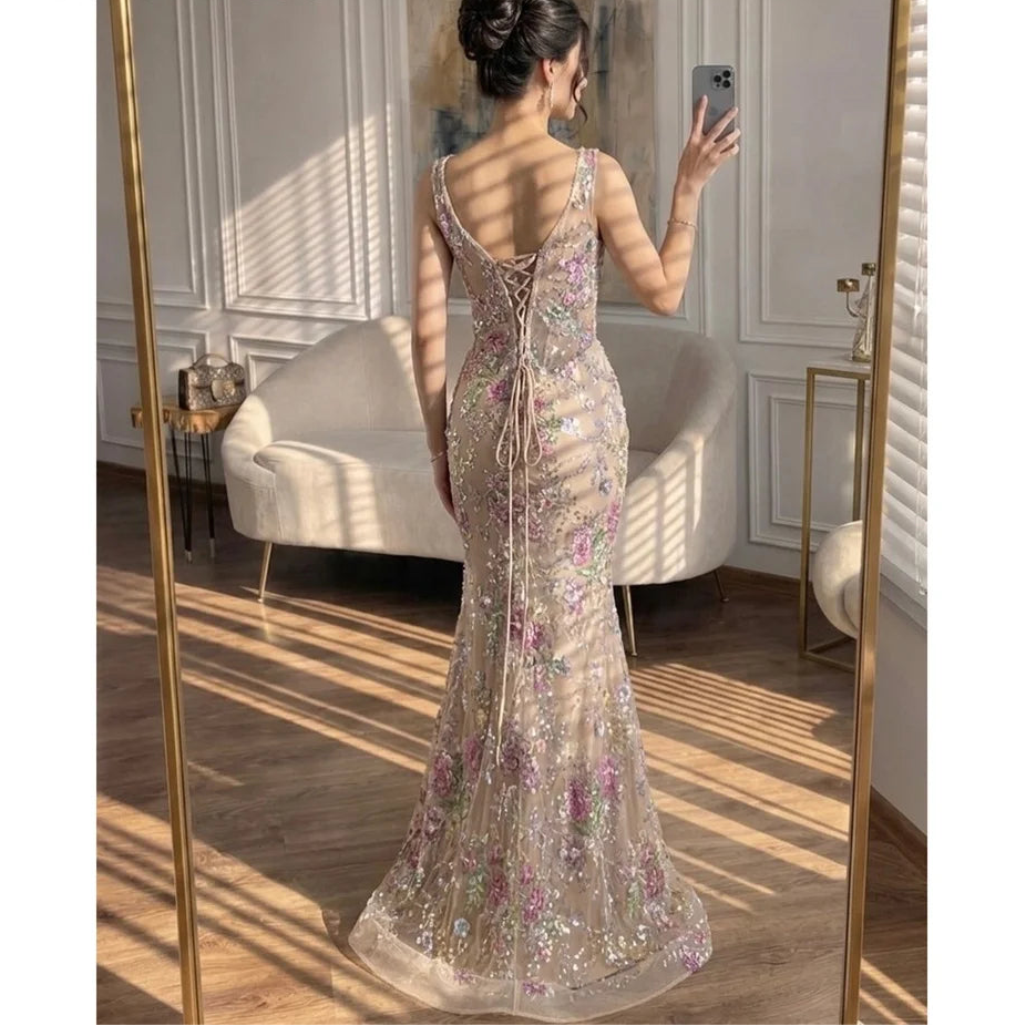 Floral Lace Spaghetti Straps Fishtail Floor Length Elegant Party Dress for Women Luxury Prom Dresses 2026 Evening
