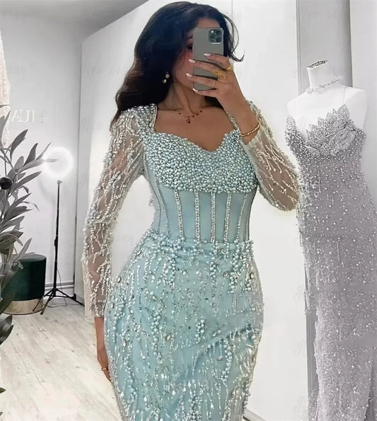 Luxury Mint Green Mermaid Evening Gown Long Sleeve Corset Heavy Beaded Pearls Dubai Prom Dress Formal Party