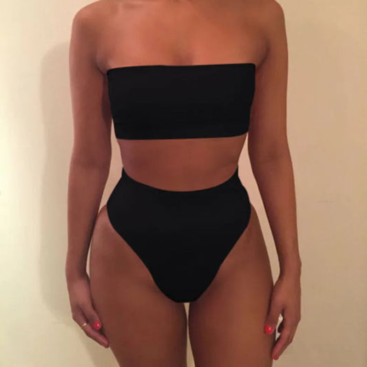 Women Strapless Tube Top Bikini Set High Cut High Swimwear Summer Beach Bathing Suit