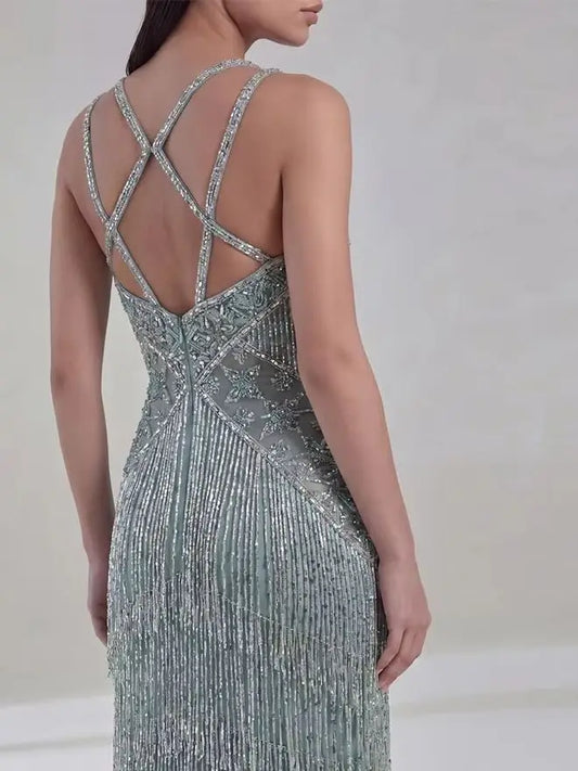 Sage Green Art Deco Beaded Evening Gown Criss Cross Straps Tiered Sequin Fringe Luxury Formal Dress For Prom Red Carpet Birthday