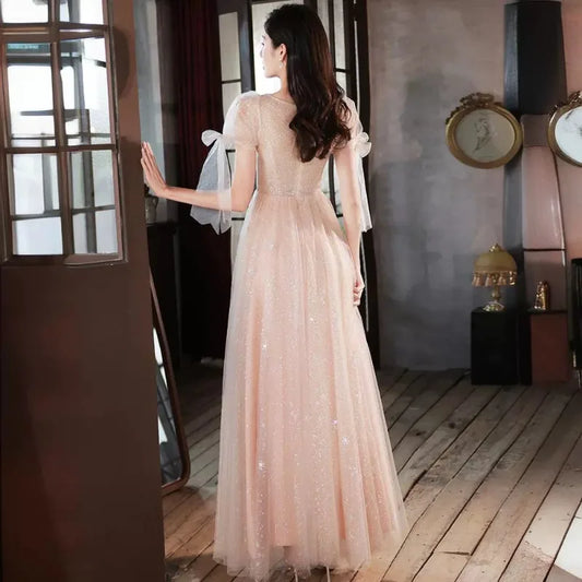 Stunning Mesh Evening Gown with Champagne Color Temperament, One Shoulder Fairy Style Long Banquet Gown, Sheer Dress Looks Slim
