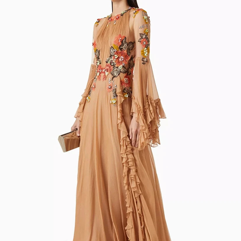 Women's A-line Evening Dresses Floor-length O-neck Full Sleeve Prom Gown Fashion Flowers Ruched Simple Draped Customized Gowns