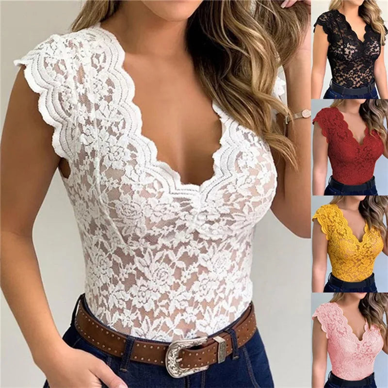Sexy Deep V Neck Sleeveless Lace Blouse Shirts Summer Fashion Women Lace Patchwork Pullover Tops